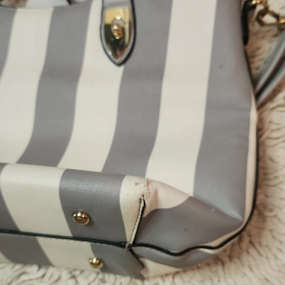 Gray and White Striped Tote with Gold Accents - Picture 3 of 5